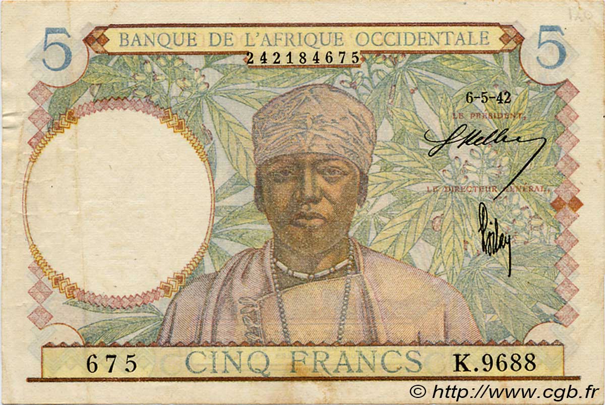5 Francs FRENCH WEST AFRICA  1942 P.25 VF
