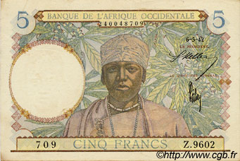 5 Francs FRENCH WEST AFRICA  1942 P.25 XF+