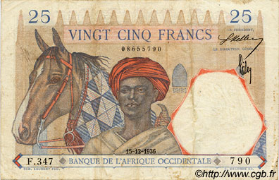 25 Francs AFRIQUE OCCIDENTALE FRANÇAISE (1895-1958)  1936 P.22 TTB