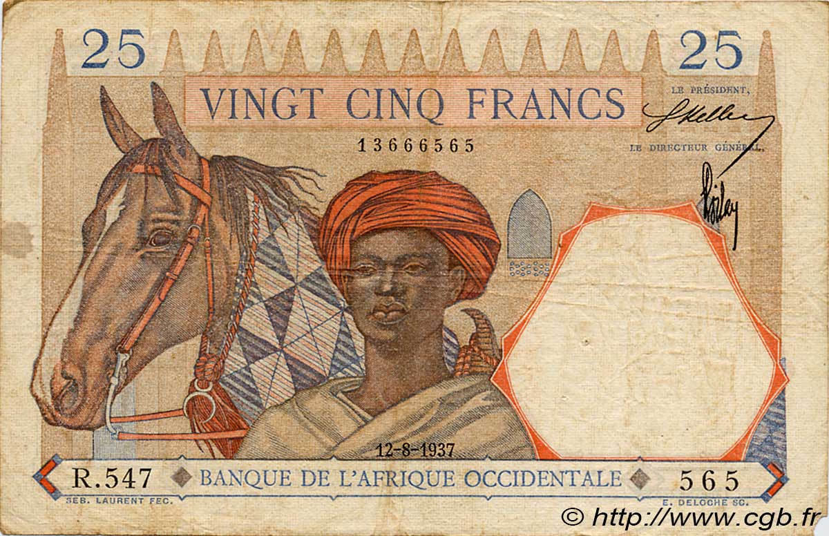25 Francs FRENCH WEST AFRICA  1937 P.22 F+