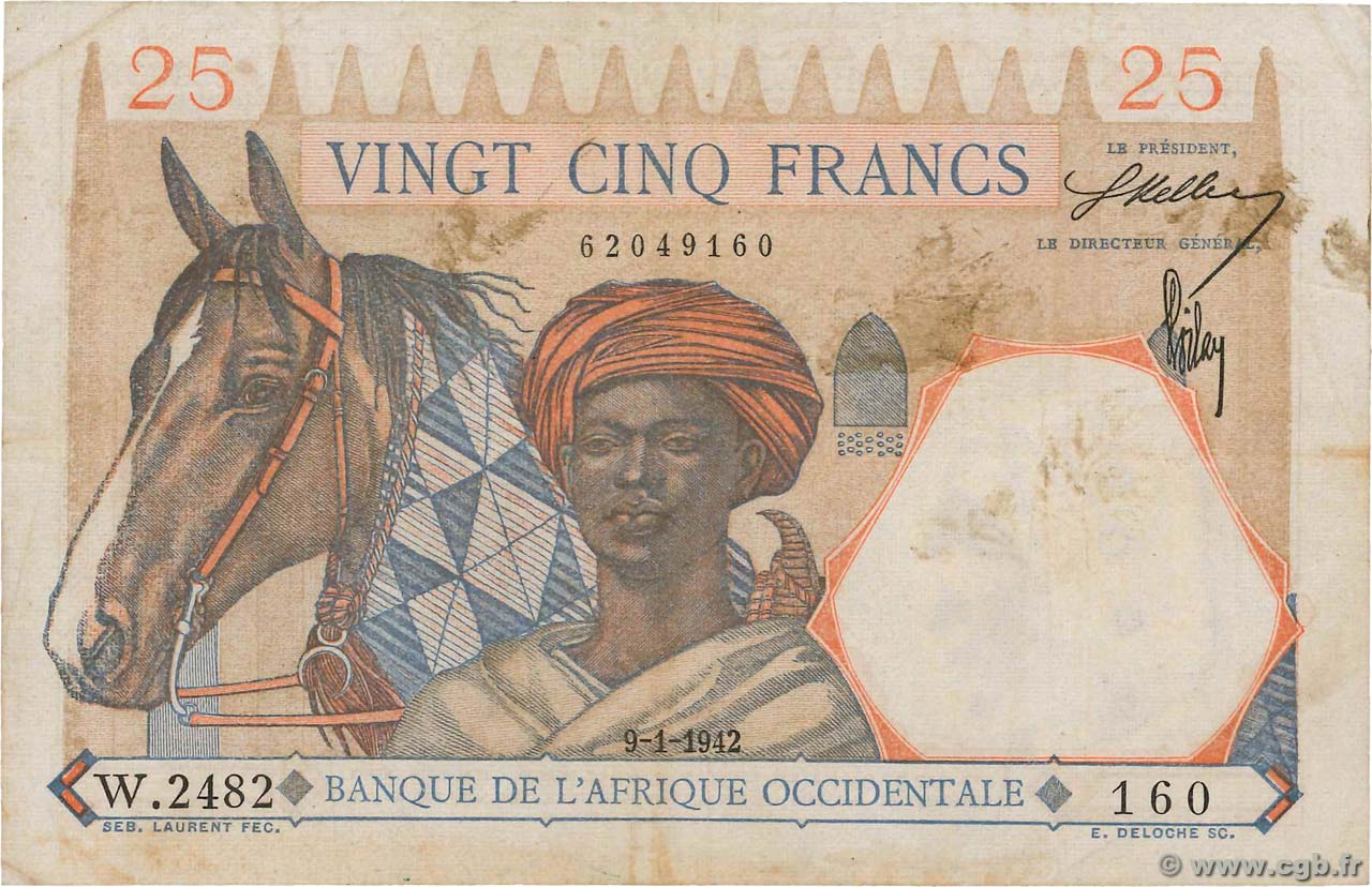 25 Francs FRENCH WEST AFRICA  1942 P.27 F+