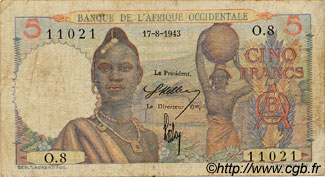 5 Francs AFRIQUE OCCIDENTALE FRANÇAISE (1895-1958)  1943 P.36 TB