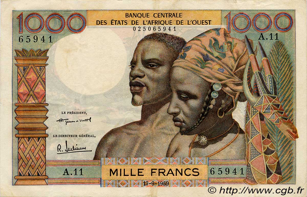 1000 Francs WEST AFRICAN STATES  1959 P.004 VF