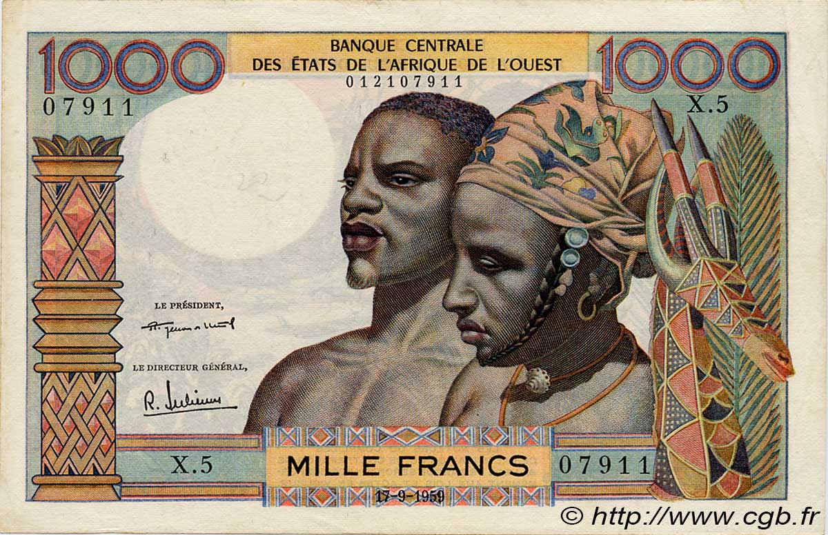 1000 Francs STATI AMERICANI AFRICANI  1959 P.004 SPL
