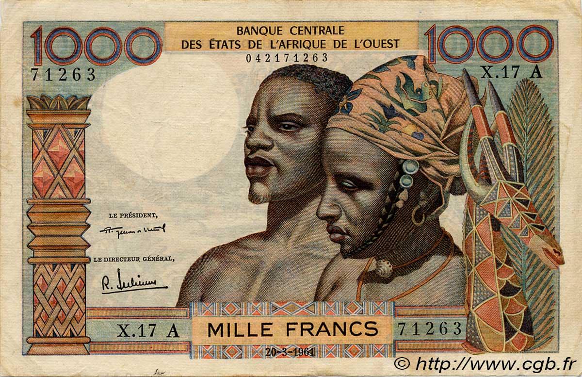 1000 Francs WEST AFRIKANISCHE STAATEN  1961 P.103Ab fSS