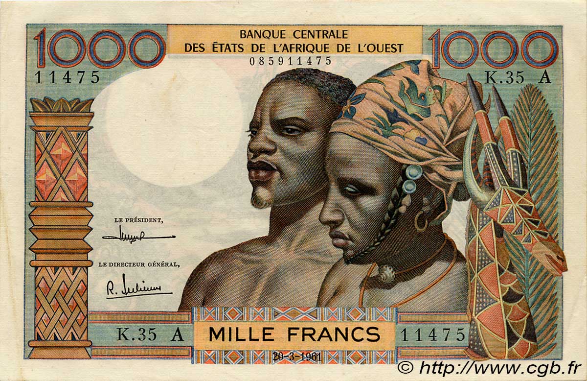 1000 Francs WEST AFRICAN STATES  1961 P.103Ac VF+