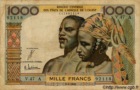 1000 Francs ÉTATS DE L AFRIQUE DE L OUEST  1965 P.103Ad B à TB