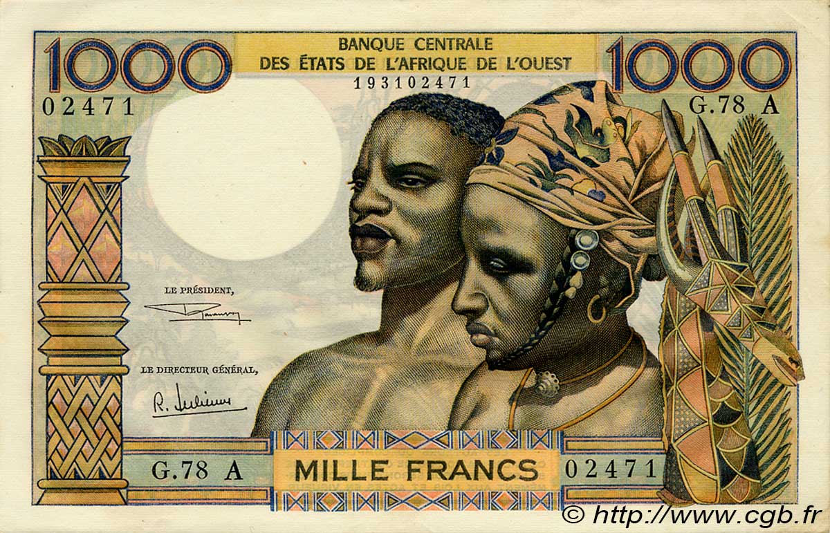 1000 Francs WEST AFRICAN STATES  1969 P.103Ag AU