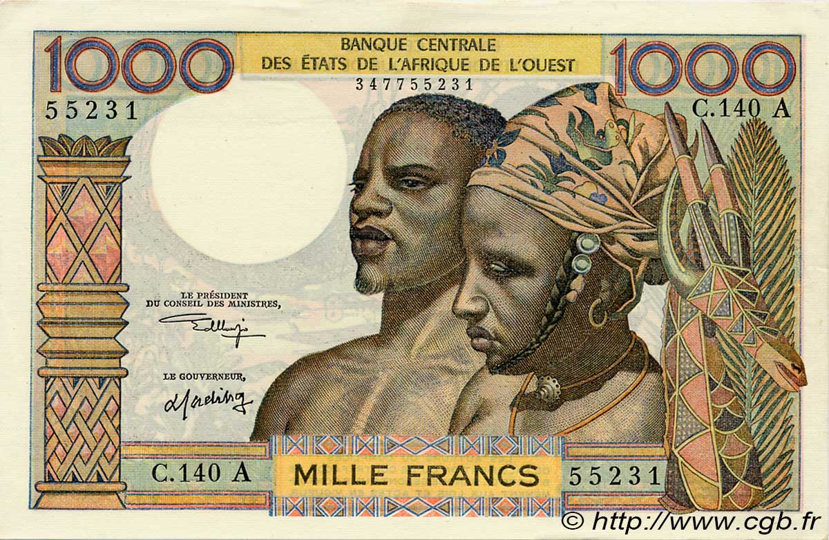 1000 Francs WEST AFRICAN STATES  1973 P.103Ak AU