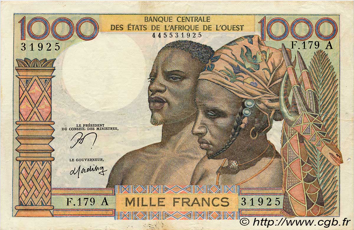 1000 Francs ÉTATS DE L AFRIQUE DE L OUEST  1977 P.103Am TTB