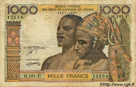 1000 Francs ÉTATS DE L AFRIQUE DE L OUEST  1977 P.303Cn pr.TB