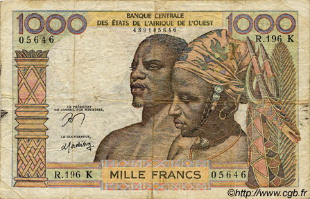 1000 Francs ÉTATS DE L AFRIQUE DE L OUEST  1977 P.703Kn B