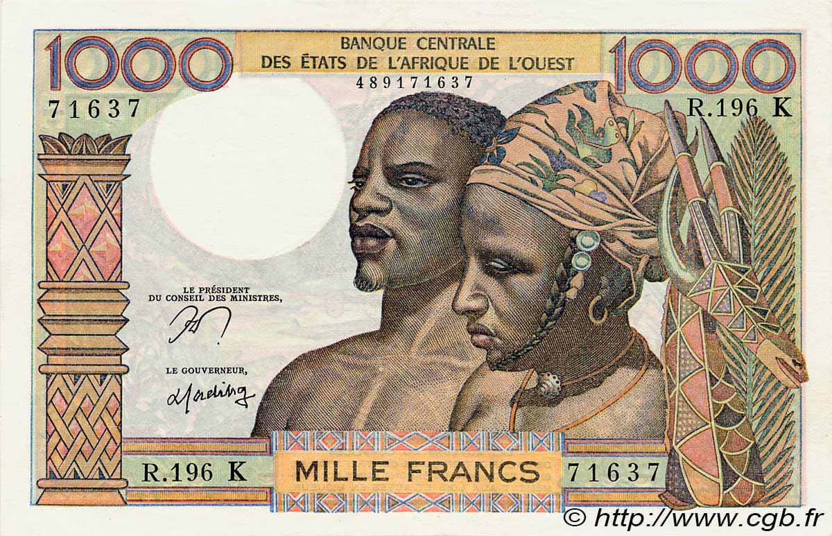 1000 Francs ÉTATS DE L AFRIQUE DE L OUEST  1977 P.703Kn SUP