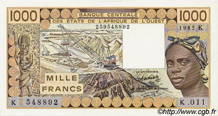 1000 Francs ÉTATS DE L AFRIQUE DE L OUEST  1985 P.707Kf pr.NEUF