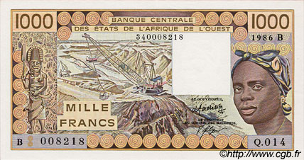 1000 Francs ÉTATS DE L AFRIQUE DE L OUEST  1986 P.207Bf pr.NEUF