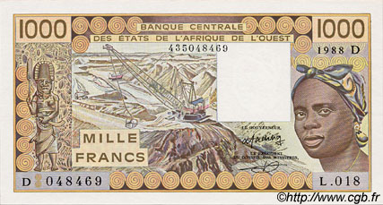 1000 Francs ÉTATS DE L AFRIQUE DE L OUEST  1988 P.406Da pr.NEUF
