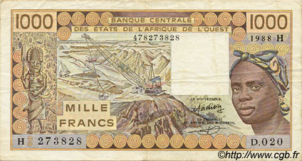 1000 Francs ÉTATS DE L AFRIQUE DE L OUEST  1988 P.607Ha TTB