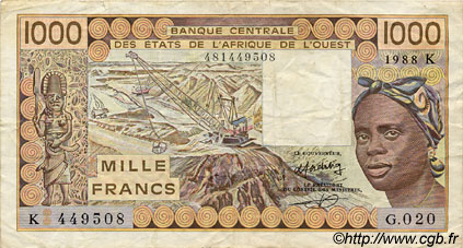 1000 Francs ÉTATS DE L AFRIQUE DE L OUEST  1988 P.707Ka pr.TTB