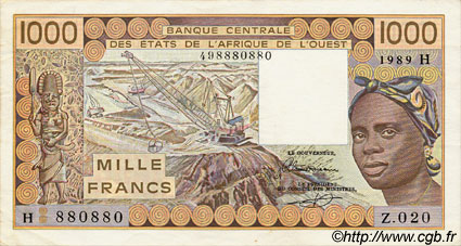 1000 Francs ÉTATS DE L AFRIQUE DE L OUEST  1989 P.607Hi SUP