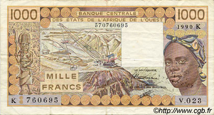 1000 Francs ÉTATS DE L AFRIQUE DE L OUEST  1990 P.707Kj TTB