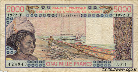 5000 Francs ÉTATS DE L AFRIQUE DE L OUEST  1992 P.808Tn B+
