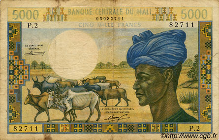 5000 Francs MALI  1973 P.14a B+