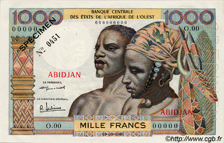 1000 Francs Spécimen ÉTATS DE L AFRIQUE DE L OUEST  1960 P.--s pr.NEUF