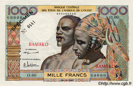 1000 Francs Spécimen ÉTATS DE L AFRIQUE DE L OUEST  1960 P.--s NEUF