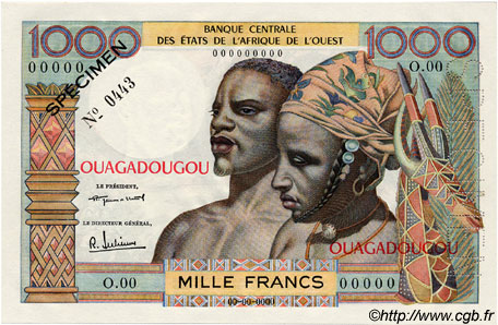 1000 Francs Spécimen ÉTATS DE L AFRIQUE DE L OUEST  1960 P.--s pr.NEUF