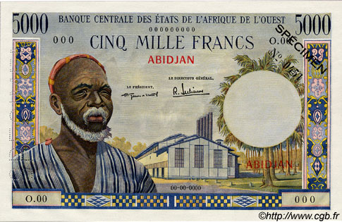 5000 Francs Spécimen ÉTATS DE L AFRIQUE DE L OUEST  1960 P.--s NEUF