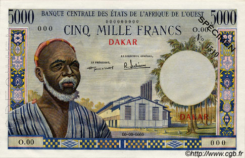 5000 Francs Spécimen ÉTATS DE L AFRIQUE DE L OUEST  1960 P.--s NEUF