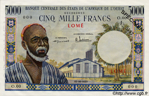 5000 Francs Spécimen ÉTATS DE L AFRIQUE DE L OUEST  1960 P.--s pr.NEUF
