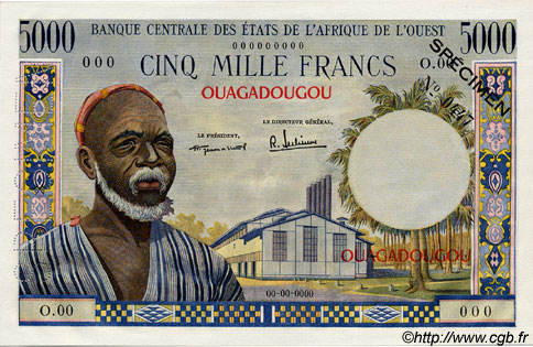 5000 Francs Spécimen ÉTATS DE L AFRIQUE DE L OUEST  1960 P.--s pr.NEUF