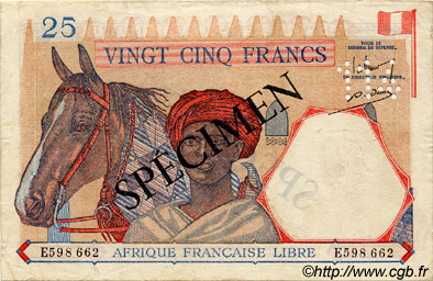 25 Francs Spécimen AFRIQUE ÉQUATORIALE FRANÇAISE Brazzaville 1941 P.07s TTB