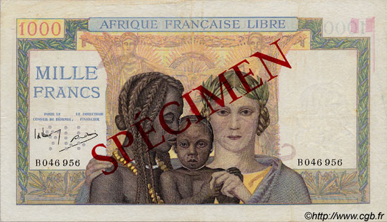 1000 Francs Spécimen AFRIQUE ÉQUATORIALE FRANÇAISE Brazzaville 1943 P.09s TTB