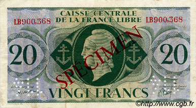 20 Francs Spécimen AFRIQUE ÉQUATORIALE FRANÇAISE Brazzaville 1944 P.12s TTB