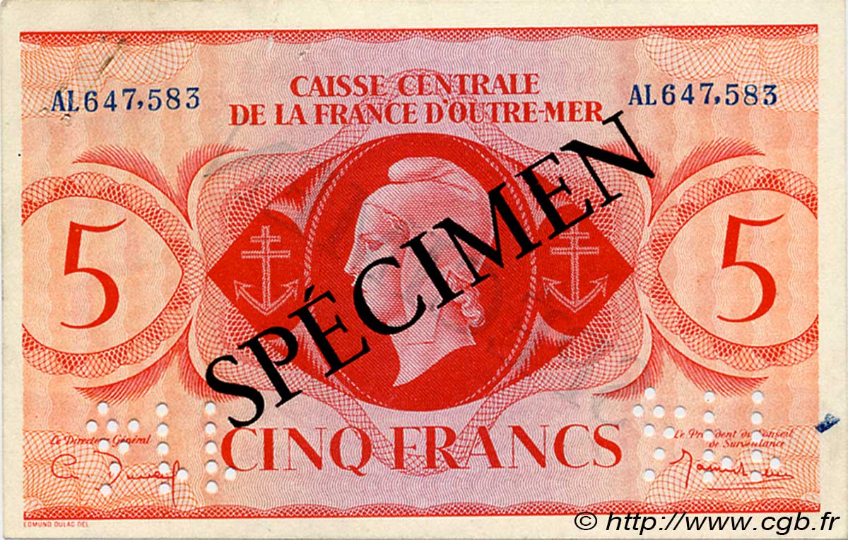 5 Francs Spécimen AFRIQUE ÉQUATORIALE FRANÇAISE  1943 P.15as SUP