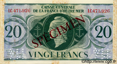 20 Francs Spécimen AFRIQUE ÉQUATORIALE FRANÇAISE  1943 P.17as TTB+