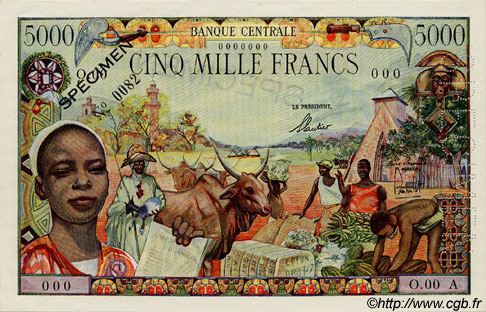 5000 Francs Spécimen ÉTATS DE L AFRIQUE ÉQUATORIALE  1962 P.06as pr.NEUF