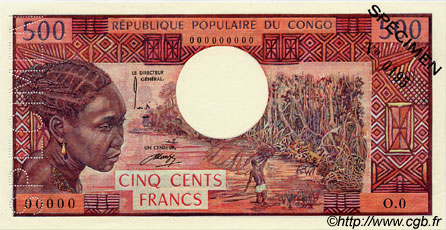 500 Francs Spécimen CONGO  1974 P.02as SPL+