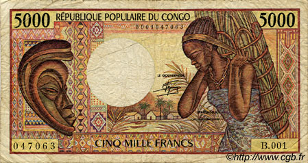 5000 Francs CONGO  1984 P.06a B+