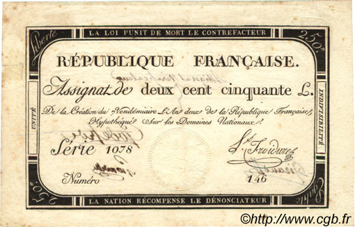250 Livres Vérificateur FRANCE  1793 Laf.170a TTB+