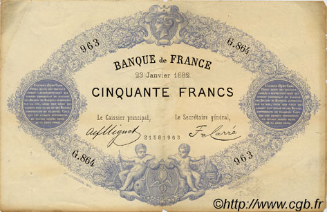 50 Francs 1868, indices noirs FRANCE  1882 F.A38.12 pr.TTB