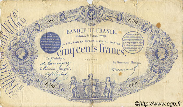 500 Francs 1863, indices noirs FRANCE  1879 F.A40.14 B+