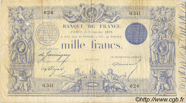1000 Francs 1862, indices noirs FRANCE  1879 F.A41.15 B+ à TB