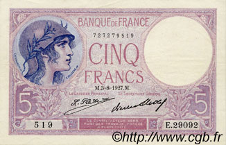 5 Francs FEMME CASQUÉE FRANCE  1927 F.03.11 SUP