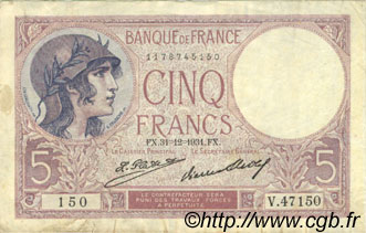 5 Francs FEMME CASQUÉE FRANCE  1931 F.03.15 TB+