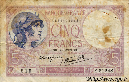 5 Francs FEMME CASQUÉE modifié FRANCE  1939 F.04 B+ à TB