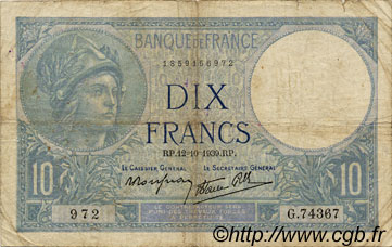 10 Francs MINERVE modifié FRANCE  1939 F.07.11 pr.TB
