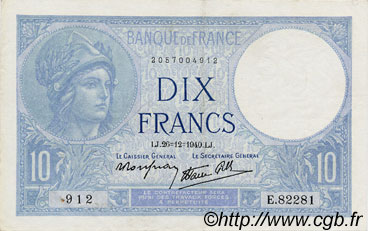 10 Francs MINERVE modifié FRANCE  1940 F.07.25 SUP